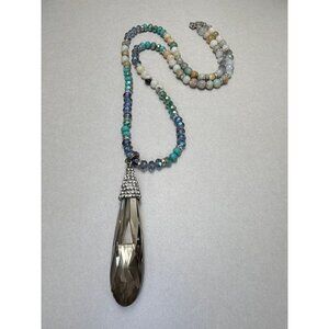 Long Beaded Necklace Natural Stones Crystal Teardrop Pendant Rhinestone Clasp